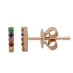 14 Karat Gold Rainbow Sapphire Bar Stud Earrings, 5 stone