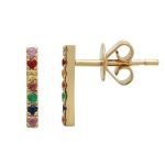 14 Karat Gold Rainbow Sapphire Bar Stud Earrings, 7 stone