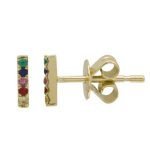 14 Karat Gold Rainbow Sapphire Bar Stud Earrings, 5 stone