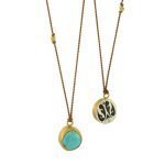 22 Karat Gold & Arizona Turquoise Pendant on Light Brown Silk Cord, 2 ctw