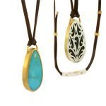 22 Karat Gold & Sterling Silver Turquoise Pendant on Kangaroo Leather