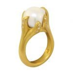 22 Karat Gold Free-Form South Sea Freshwater Pearl and Pave Diamond Ring