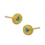 22 Karat Gold Hammered Disc Turquoise Stud Earrings, 5mm