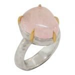 22 Karat Gold Prongs Rose Quartz Hammered Silver Ring