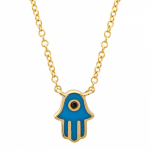14 Karat Yellow Gold Enamel Hamsa With Black Diamond Necklace