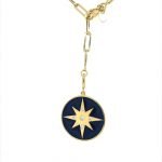 14K Gold Blue Enamel Diamond Compass Necklace