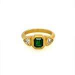 22K Gold 3 Stone Bezel Set Diamonds and Emerald Ring