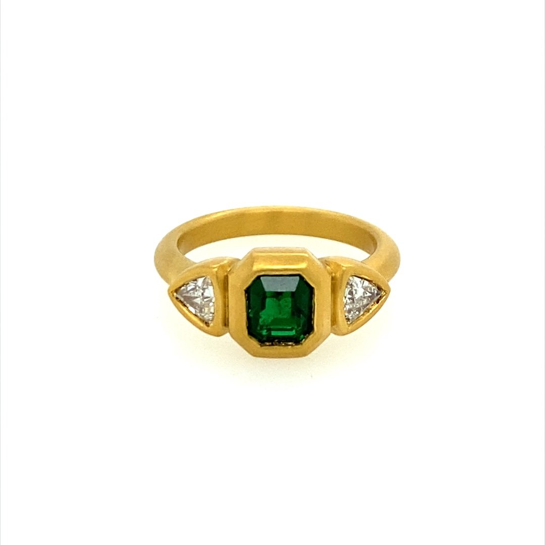 22K Gold 3 Stone Bezel Set Diamonds and Emerald Ring