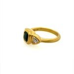 22K Gold 3 Stone Bezel Set Diamonds and Emerald Ring