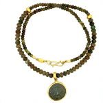 22K Gold Framed Roman Coin Pendant on Roman Glass Beaded Necklace