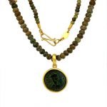 22K Gold Framed Roman Coin Pendant on Roman Glass Beaded Necklace