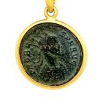 22K Gold Framed Roman Coin Pendant on Roman Glass Beaded Necklace