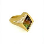 22k Gold Watermelon Tourmaline with Pave Diamonds Free Form Cocktail Ring