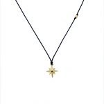 14K Yellow Gold Black Diamond Compass Pendant on Black Silk Cord