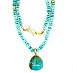 22K Gold Wrapped Turquoise Pendant and Beads With Engraved Silver Back