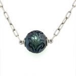Hand-Carved Black Tahitian Pearl on Platinum Chain Necklace