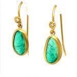 22K Gold Wrapped Free Form Emeralds and Diamonds Drop Earrings