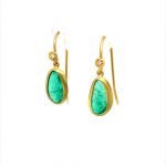 22K Gold Wrapped Free Form Emeralds and Diamonds Drop Earrings