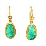 22K Gold Wrapped Free Form Emeralds and Diamonds Drop Earrings