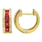 14k Yellow Gold Ruby With Diamond Border Huggie Earrings