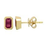 14k Yellow Gold Emerald Shape Ruby Stud Earrings / Bezel Set
