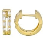 14k Yellow Gold Double Rows Baguette Diamond Huggie Earrings