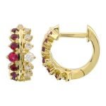 14k Yellow Gold Ruby & Diamond Huggie Earrings
