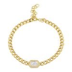 14k Yellow Gold Emerald Cut White Topaz Cuban Link Chain Bracelet