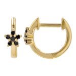 14k Yellow Gold Black Diamond Flower Huggie Earrings