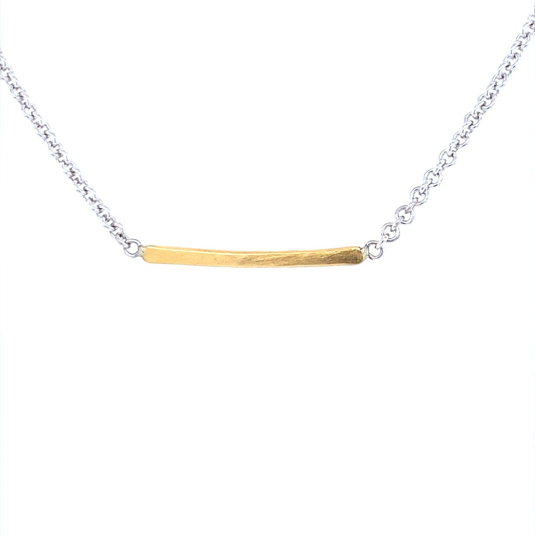 22K Gold Hammered Thin Bar Pendant on Silver Chain 18mm