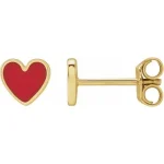 14K Yellow Red Enameled Heart Earrings