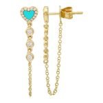 14k Yellow Gold Turquoise Heart Chain Drop Earrings