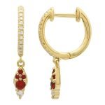 14k Yellow Gold Ruby Dangling Diamond Huggie Earrings