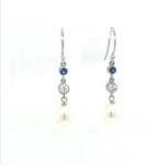 14KW Gold Pearl, Blue Sapphire, Diamond Drop Earrings