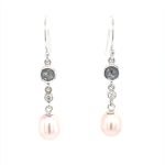 14KW Gold Pearl, Grey Diamond, Diamond Drop Earrings