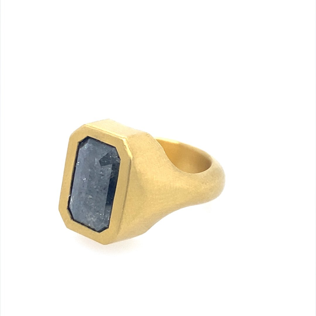 22K Gold Emerald Shape Salt and Pepper Diamond Solitaire Ring