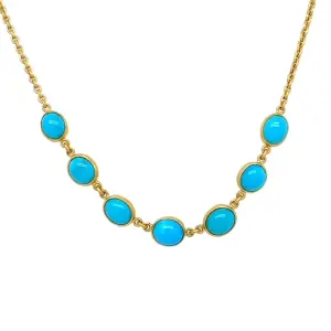 Turquoise Sleeping Beauty stones bezel-set in 22K gold necklace with a delicate chain, header image for the David Tishbi Jewelry product page featuring a row of oval blue cabochons
