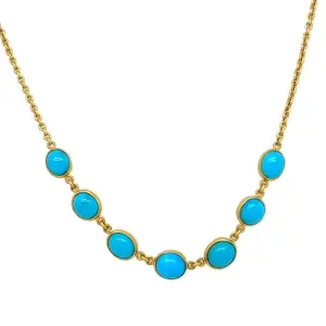 Turquoise beads in gold bezel settings forming a necklace, featuring Sleeping Beauty turquoise stones and a polished gold chain, by David Tishbi Jewelry