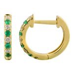 14k Yellow Gold Emerald & Diamond Huggie Earrings