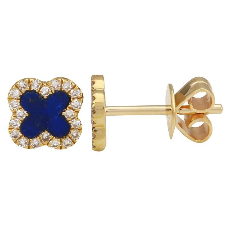 14k Yellow Gold Lapis Clover Diamond Stud Earrings