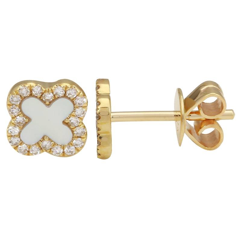 14k Yellow Gold Mop Clover Diamond Stud Earrings
