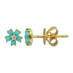 14k Yellow Gold Turquise Flower Diamond Stud Earrings