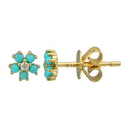 14k Yellow Gold Turquise Flower Diamond Stud Earrings