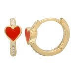 14k Yellow Gold Heart Enamel Diamond Huggie Earrings