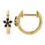 14k Yellow Gold Black Diamond Flower Huggie Earrings