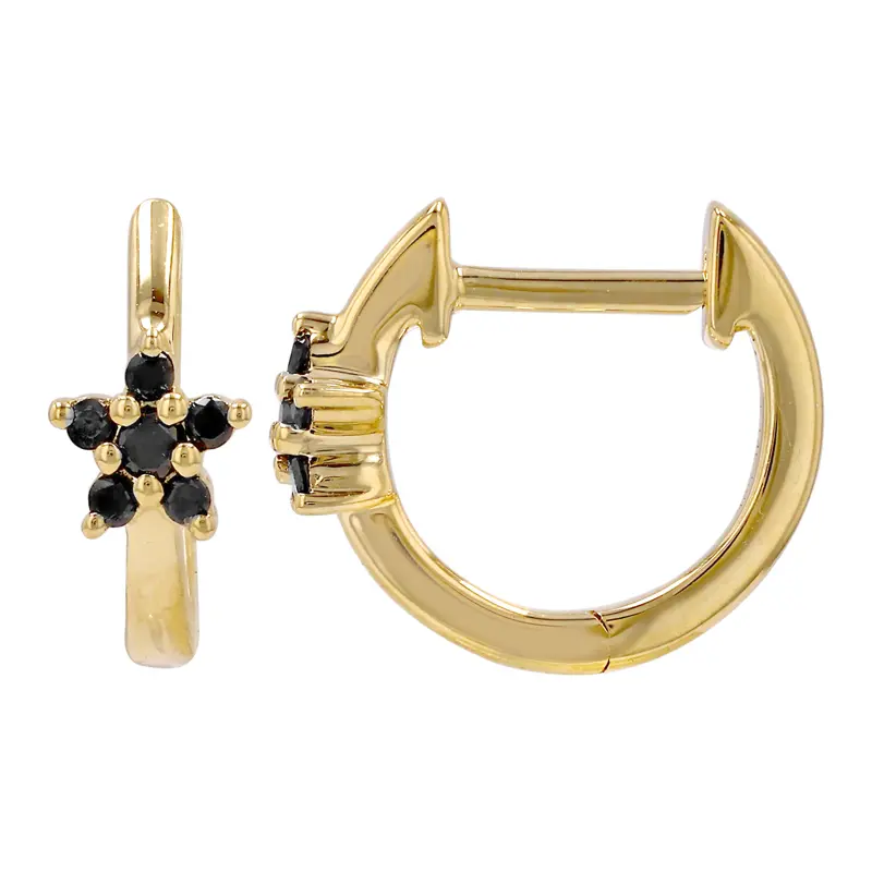 14k Yellow Gold Black Diamond Flower Huggie Earrings