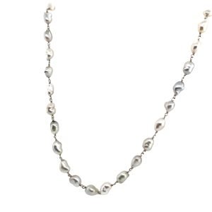 Elegant freshwater pearl necklace featuring irregularly shaped pearls in shades of white and silver, perfect for adding a touch of sophistication to any outfit.