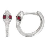 14k White Gold Snake Diamond Huggie Earrings / Ruby Eye