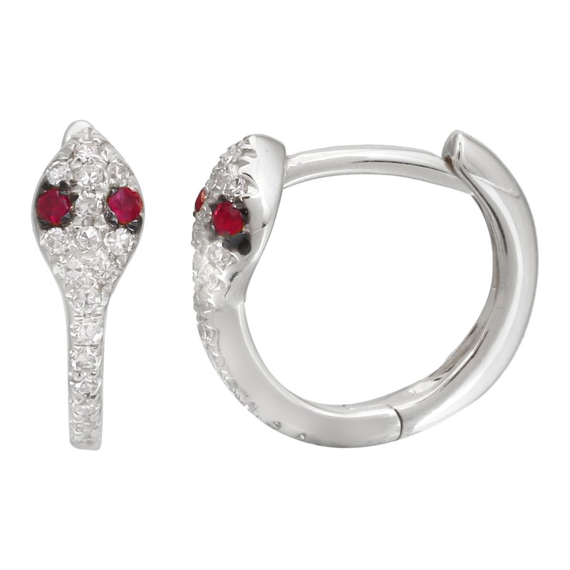 14k White Gold Snake Diamond Huggie Earrings / Ruby Eye