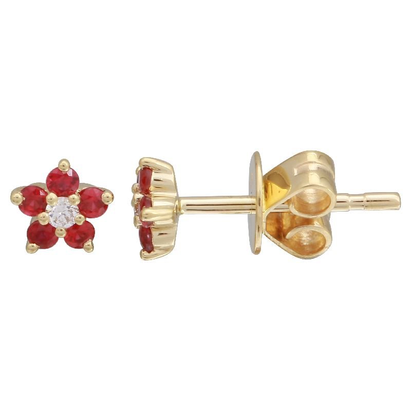 14k Yellow Gold Flower Ruby Stud Earrings